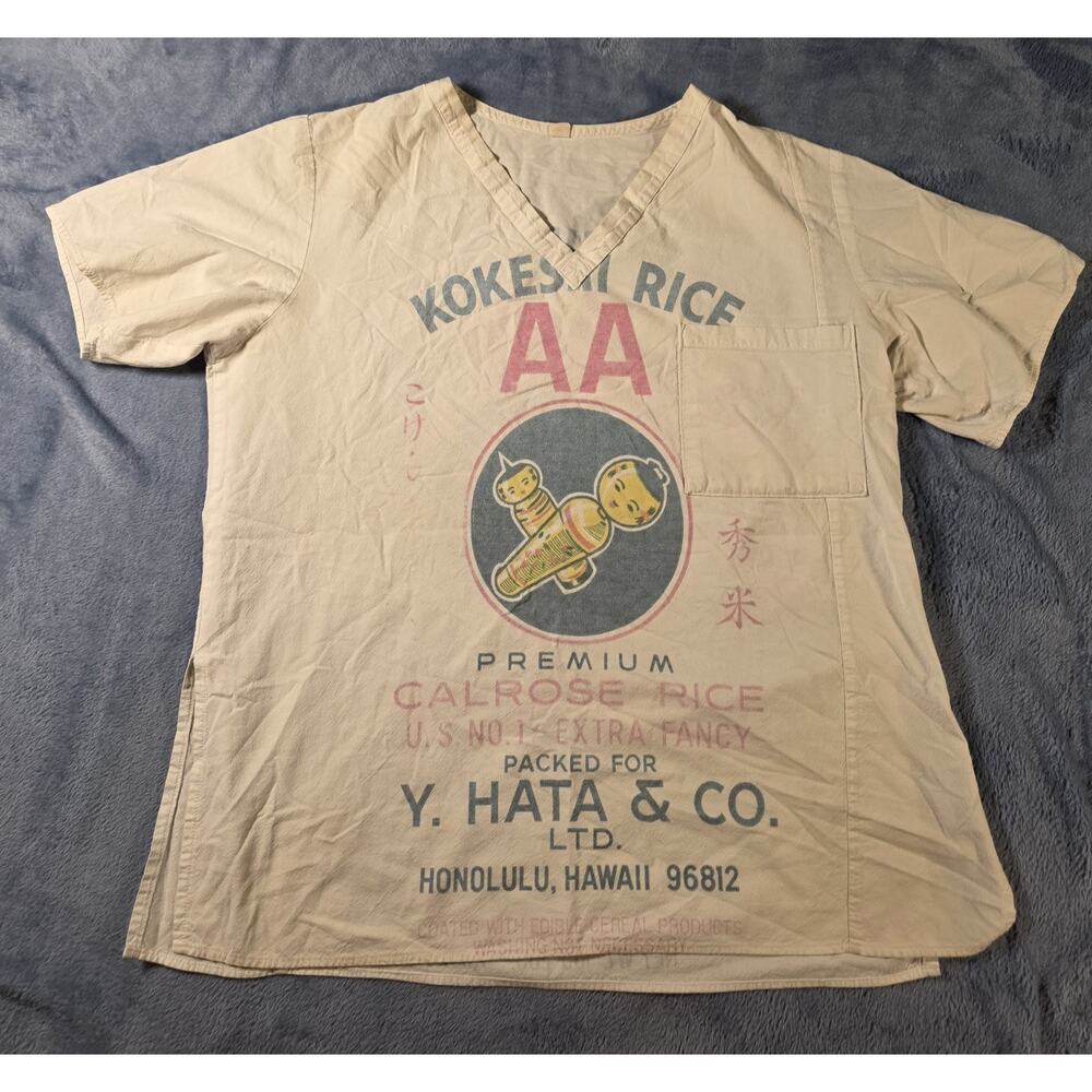 Vintage Kokeshi Rice Sack Shirt Y Hata Honolulu Hawaii Cotton V Neck - Picture 1 of 8
